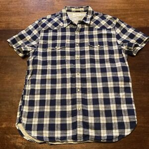 Lucky Brand Shirt Men's Large Button Up Blue Plaid Pearl Snap Short‎ Sleeve